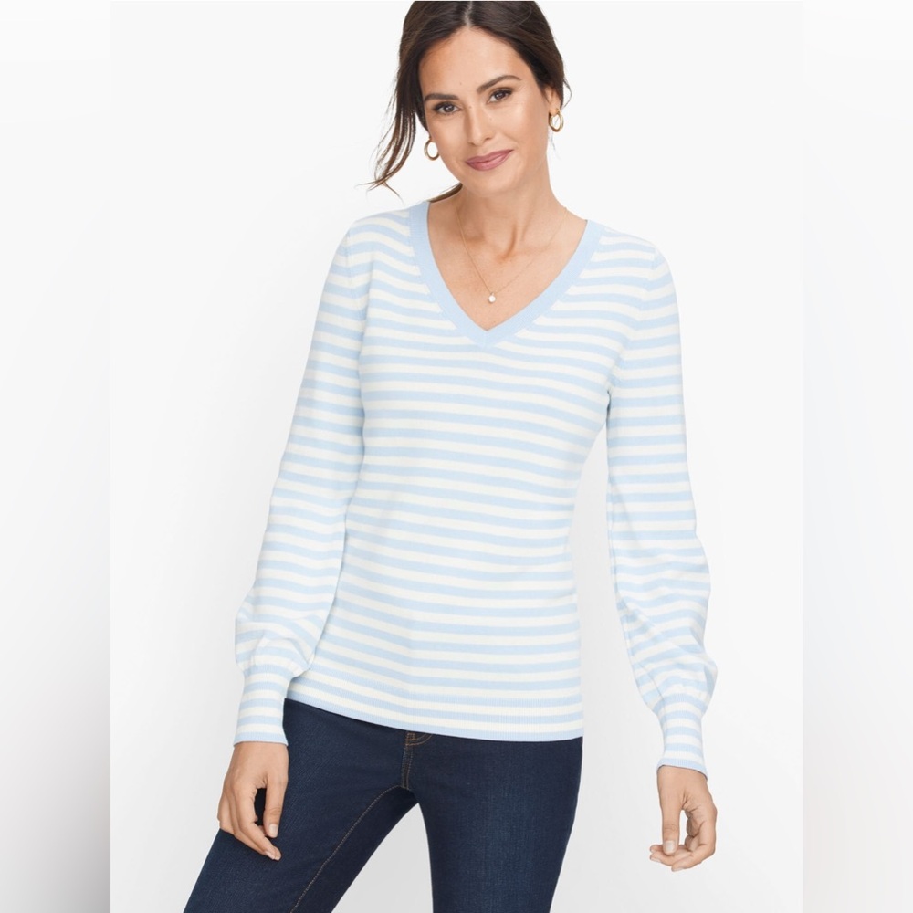 Talbots Light Blue and White V-Neck Sweater - Picture 6 of 7